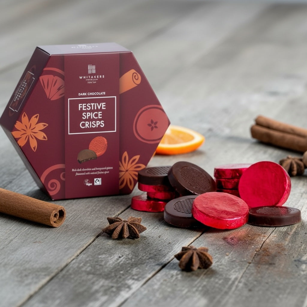 Box of Whittaker's red foiled milk chocolate Festive Spice Crisps on a wooden surface with spices and an orange.