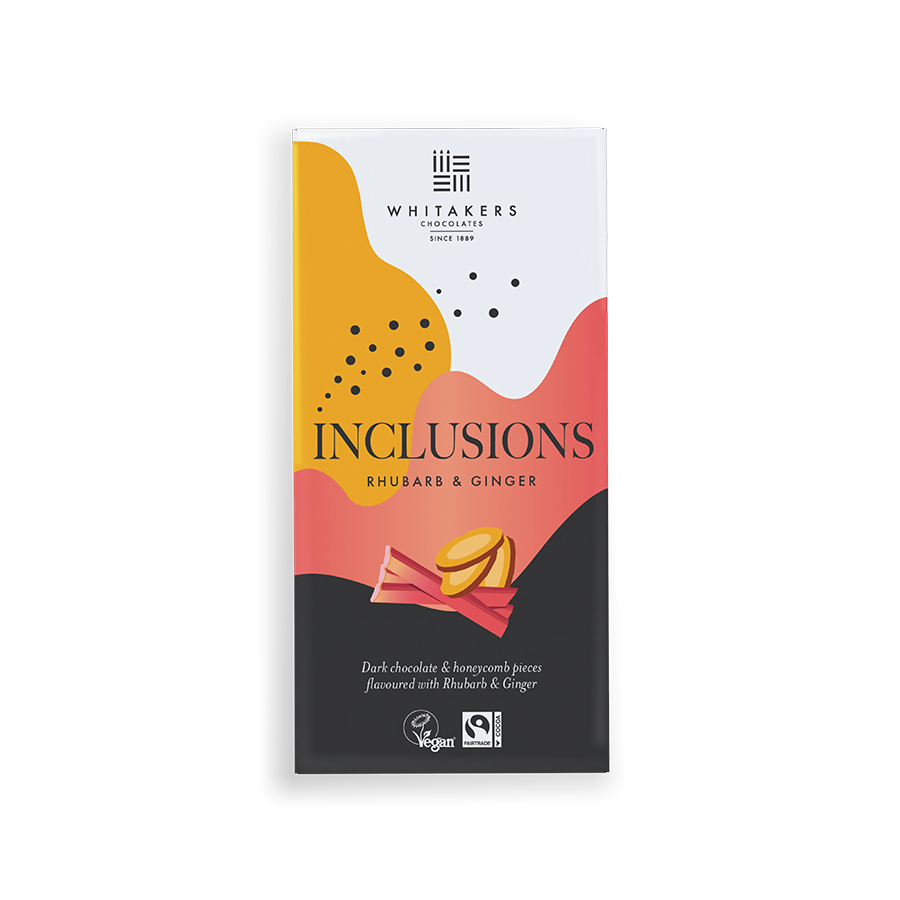 90g Dark Chocolate creation, infused with the gentle warmth of ginger and the tangy sweetness of rhubarb
