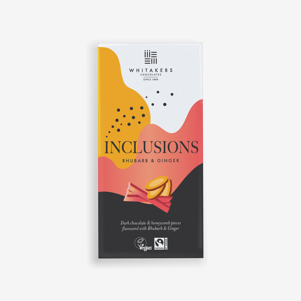 90g Dark Chocolate creation, infused with the gentle warmth of ginger and the tangy sweetness of rhubarb