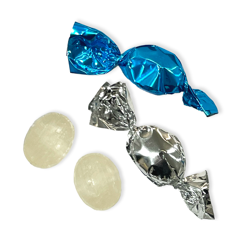 small, hard-boiled sweets, individually wrapped for freshness and convenience. These delightful peppermint-flavoured treats come in a vibrant mix of silver and blue wrappers