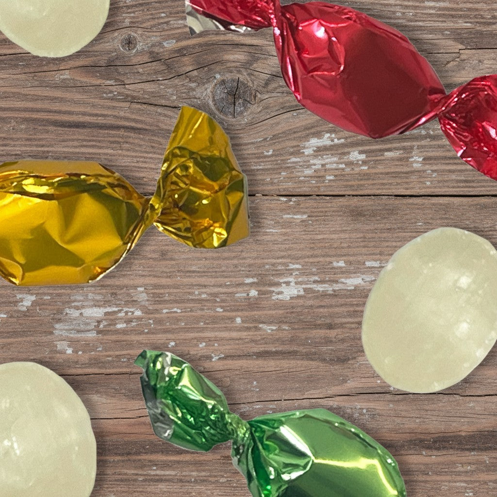 Candies with gold, red, and green wrappers on a wooden surface