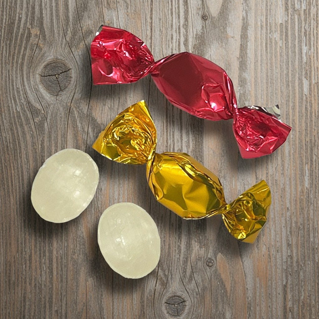 Two unwrapped white candies next to two wrapped candies in red and gold foil on a wooden surface.