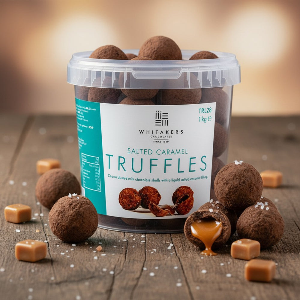 Container of Whitaker's Milk Chocolate Salted Caramel Truffles on a wooden surface