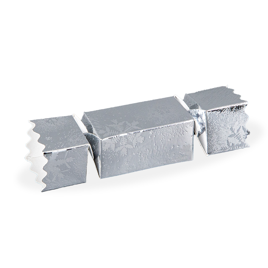 Petite Silver Snowflake Chocolate Christmas Cracker Gift Box. This charming gift box is designed to resemble a traditional Christmas cracker. Each cracker is elegantly foil blocked in silver and adorned with an attractive snowflake pattern. Inside, discover four delicious fondant creams, each one richly flavoured with Irish Cream and encased in luxurious dark chocolate
