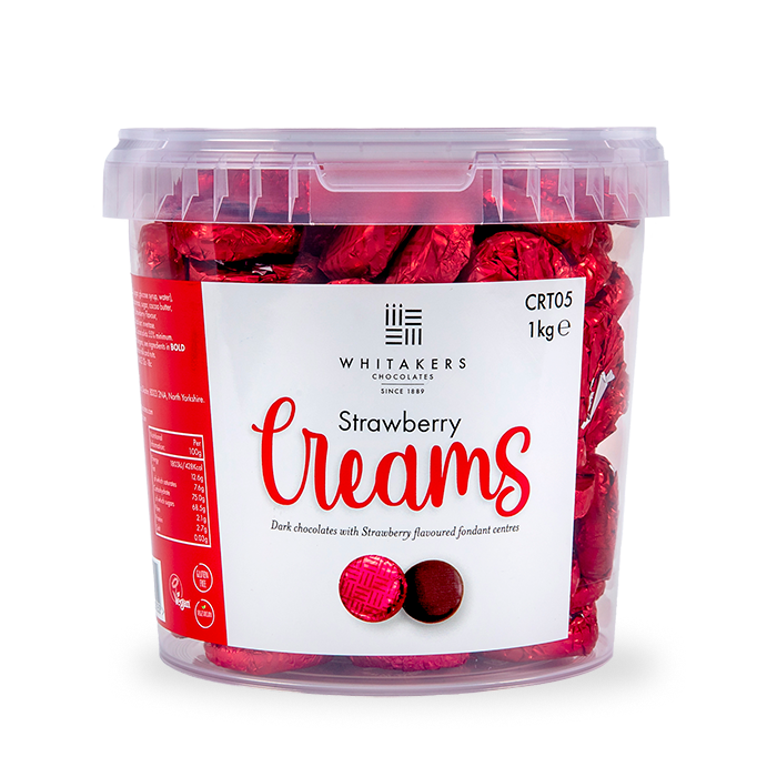 red foiled dark chocolate strawberry cream bulk 1kg tubs