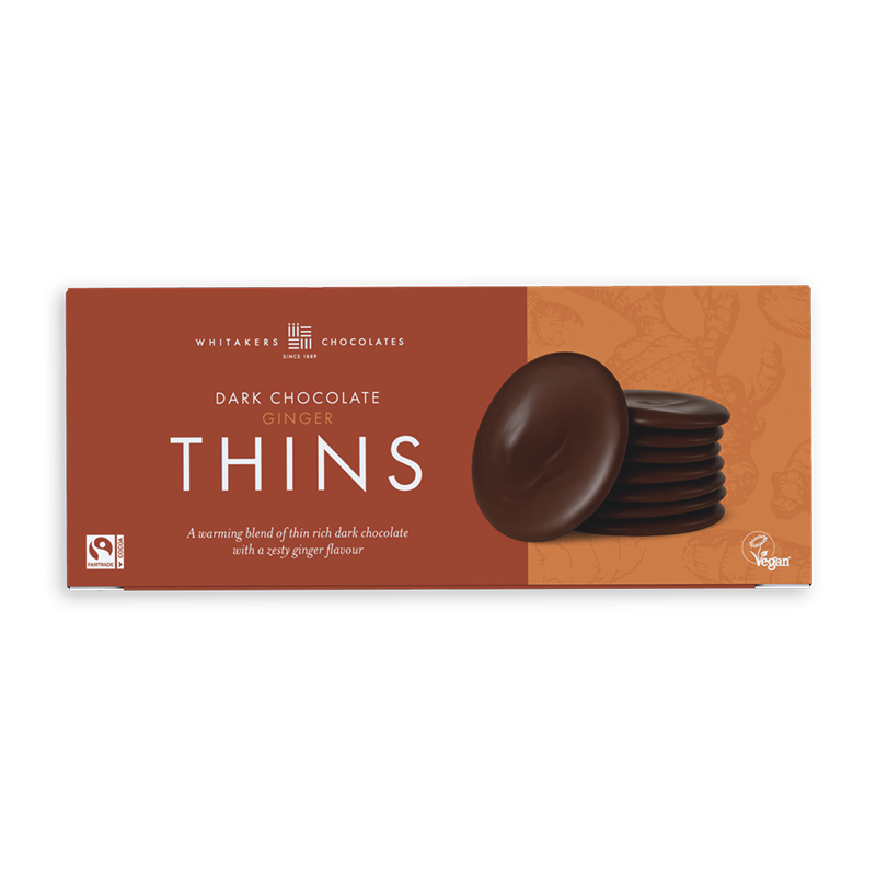 105g gift box of Whitakers Chocolates dark chocolate ginger thins on a transparent background