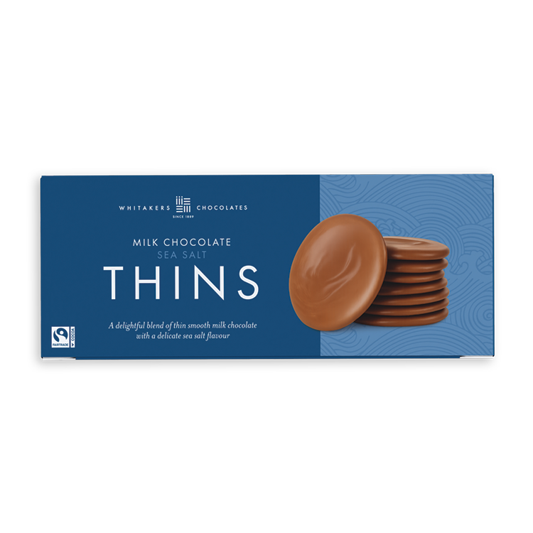 150g gift box of Whitakers Chocolates Milk Chocolate and sea salt Thins on a transparent background