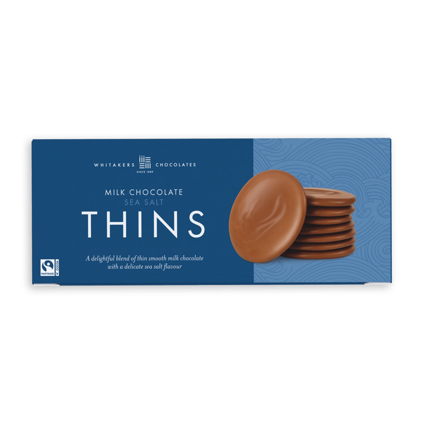 150g gift box of Whitakers Chocolates Milk Chocolate and sea salt Thins on a white background