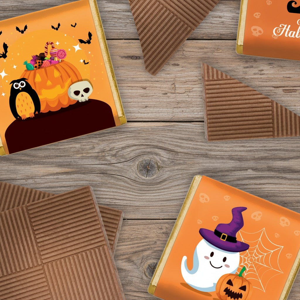 Halloween-themed Milk Chocolate Neapolitans, perfect for trick-or-treaters and party-goers alike;  Each of the 150 creamy milk chocolate pieces comes individually wrapped in Luxury foil and adorned with eerie full-colour paper wrappers, capturing the spirit of Halloween