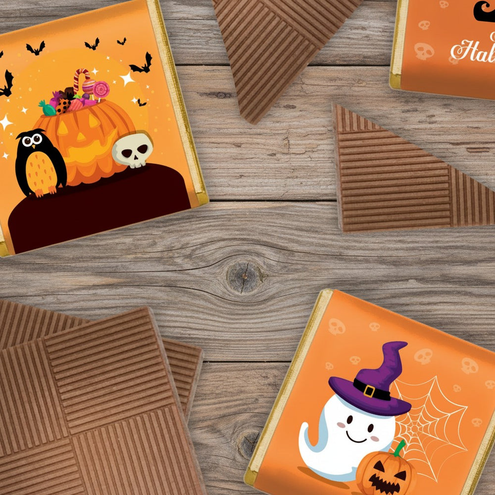 Halloween-themed Milk Chocolate Neapolitans, perfect for trick-or-treaters and party-goers alike;  Each of the 150 creamy milk chocolate pieces comes individually wrapped in Luxury foil and adorned with eerie full-colour paper wrappers, capturing the spirit of Halloween