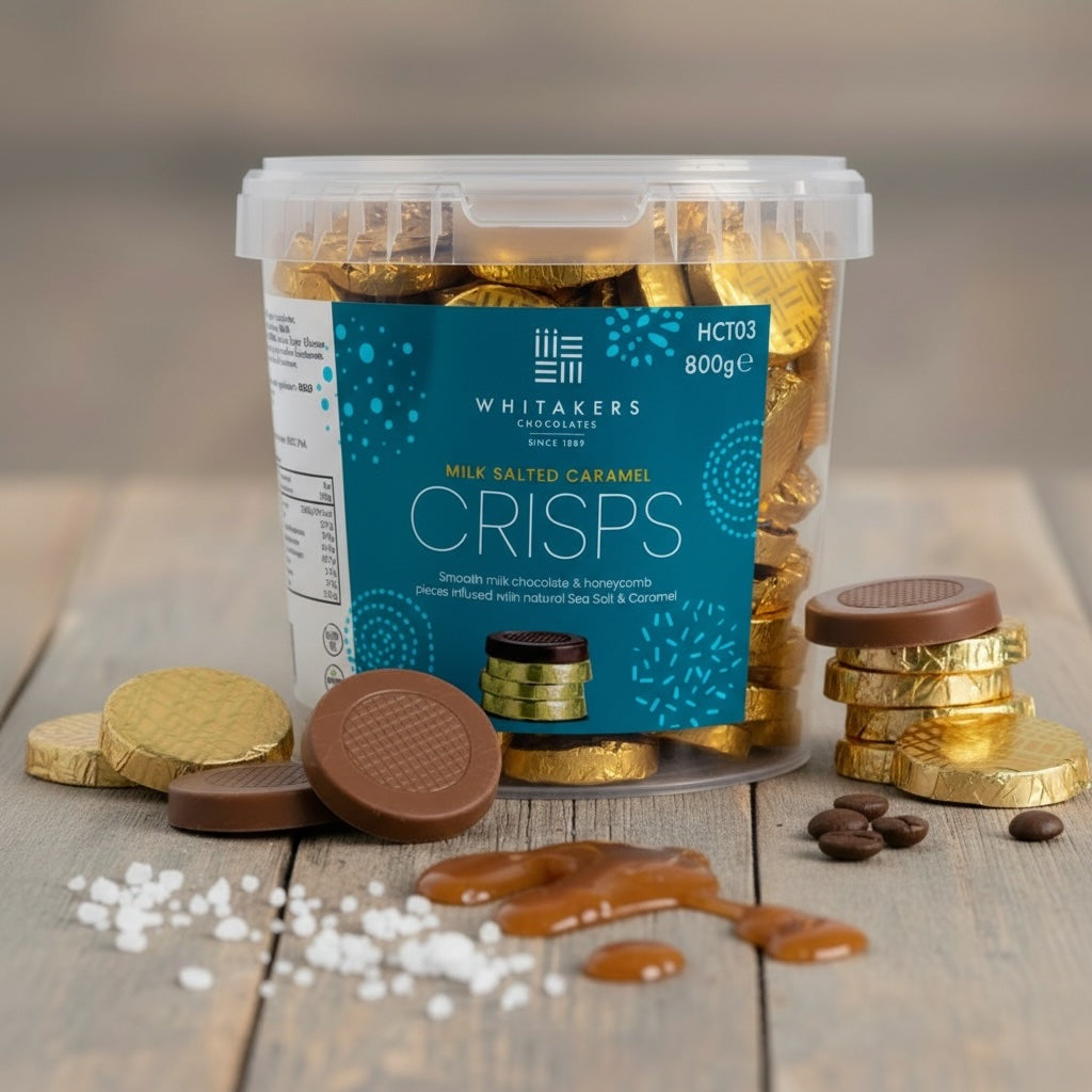 Container of Whitaker's Milk Salted Caramel Crisps on a wooden surface with some of the crisps displayed.