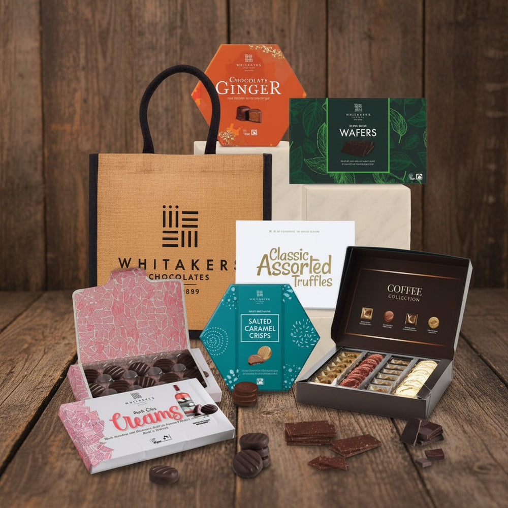 Luxury Tote bag 'Whitakers' chocolate lovers hamper filled with milk salted caramel honeycomb crisps, dark mint wafer thins, milk and dark chocolate coffee collection, assorted truffles gift box, dark chocolate pink gin fondant creams and dark chocolate gingers.