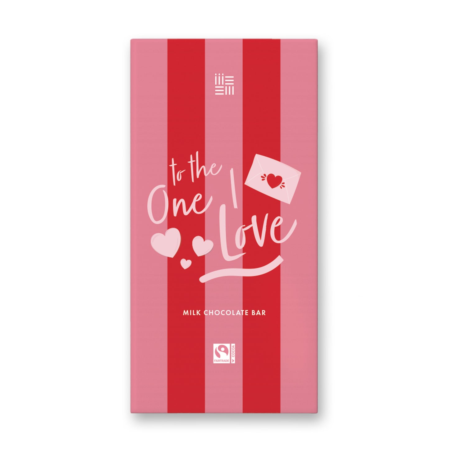 Red and pink striped chocolate bar packaging with 'to the one I love' text