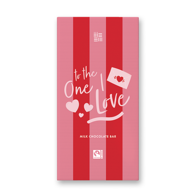 Chocolate bar packaging with red and pink stripes and 'to the one I love' text.