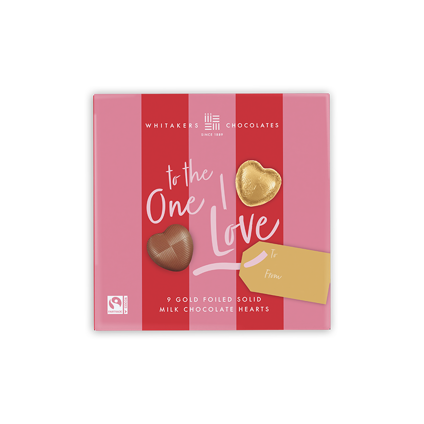 Whitaker's Chocolates packaging with gold and milk chocolate hearts on a pink background