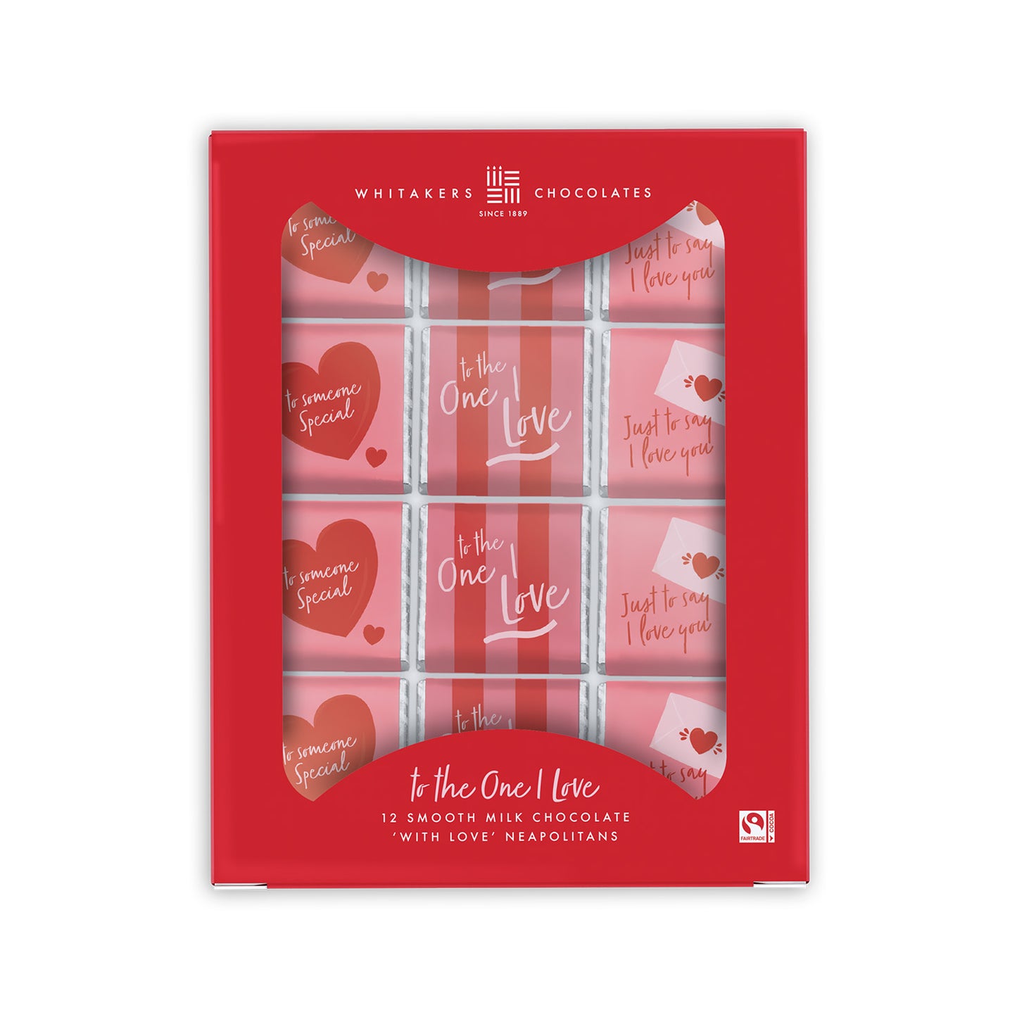 Box of Whitaker's Chocolates milk chocolate squares with heart-themed packaging on a white background