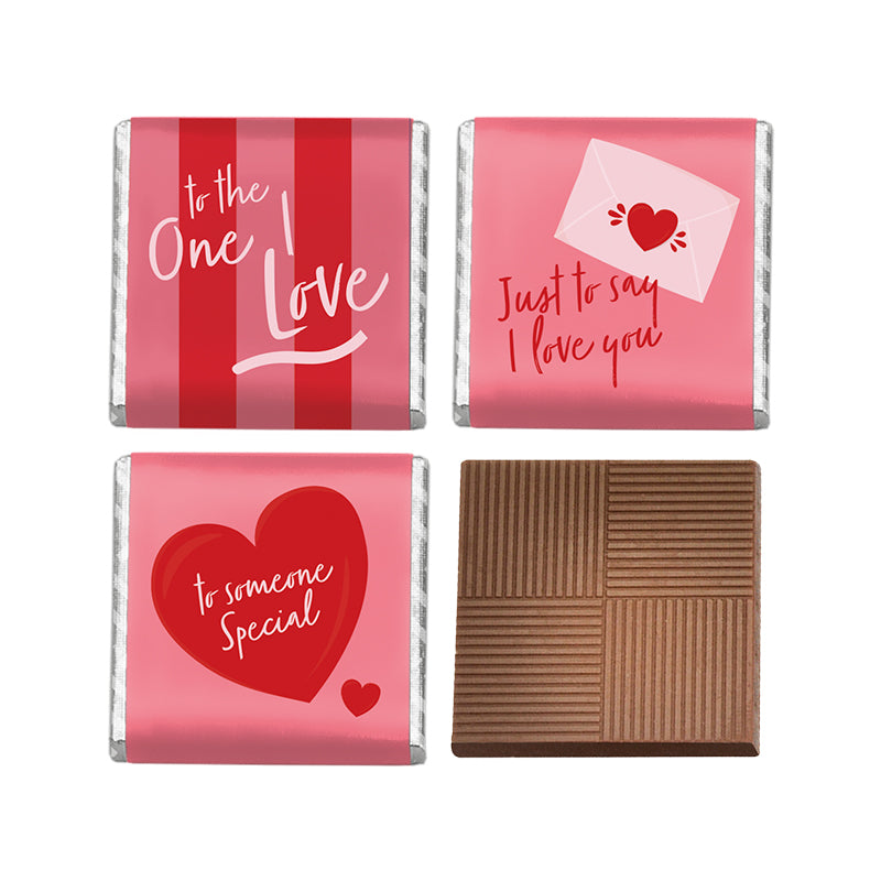 Four chocolate squares with romantic text and graphics on a white background