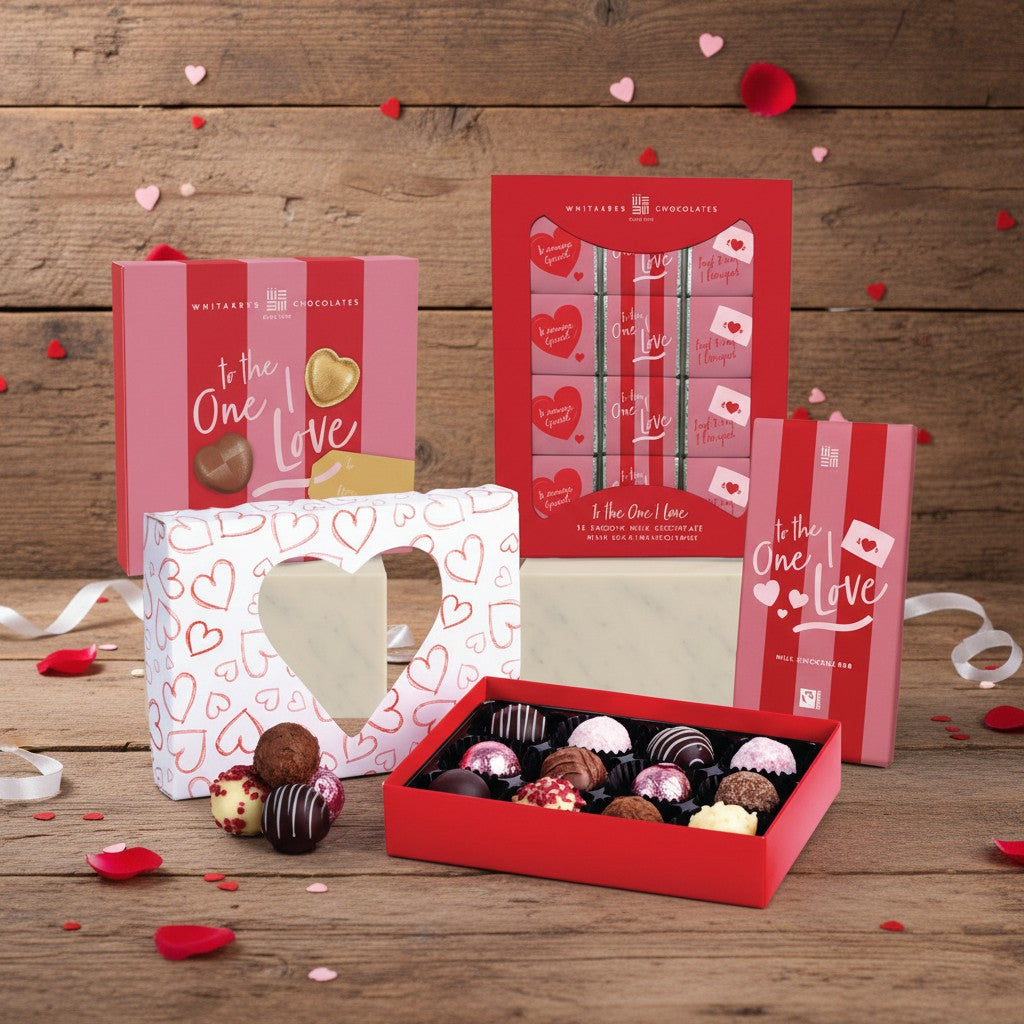 Assorted valentines Day chocolates in a red box with decorative packaging on a wooden surface.