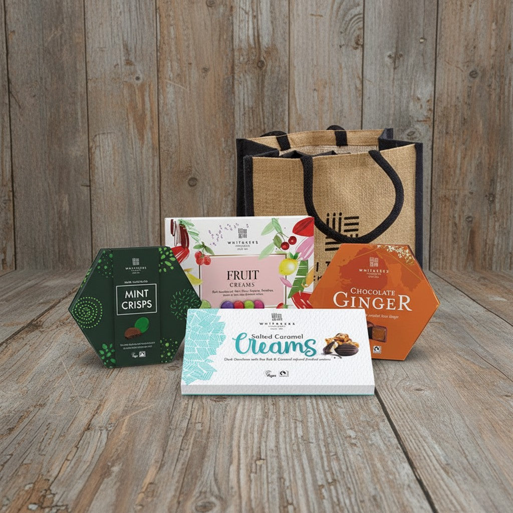 Assorted chocolate hamper packaging on a wooden surface with a wooden background