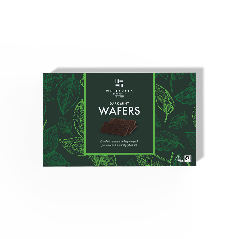 Whitakers Chocolates' Peppermint Oil Sugar Crisp Wafers, a sophisticated treat that combines our rich signature dark chocolate with the invigorating essence of peppermint oil and the delightful crunch of sugar crisp inclusions.