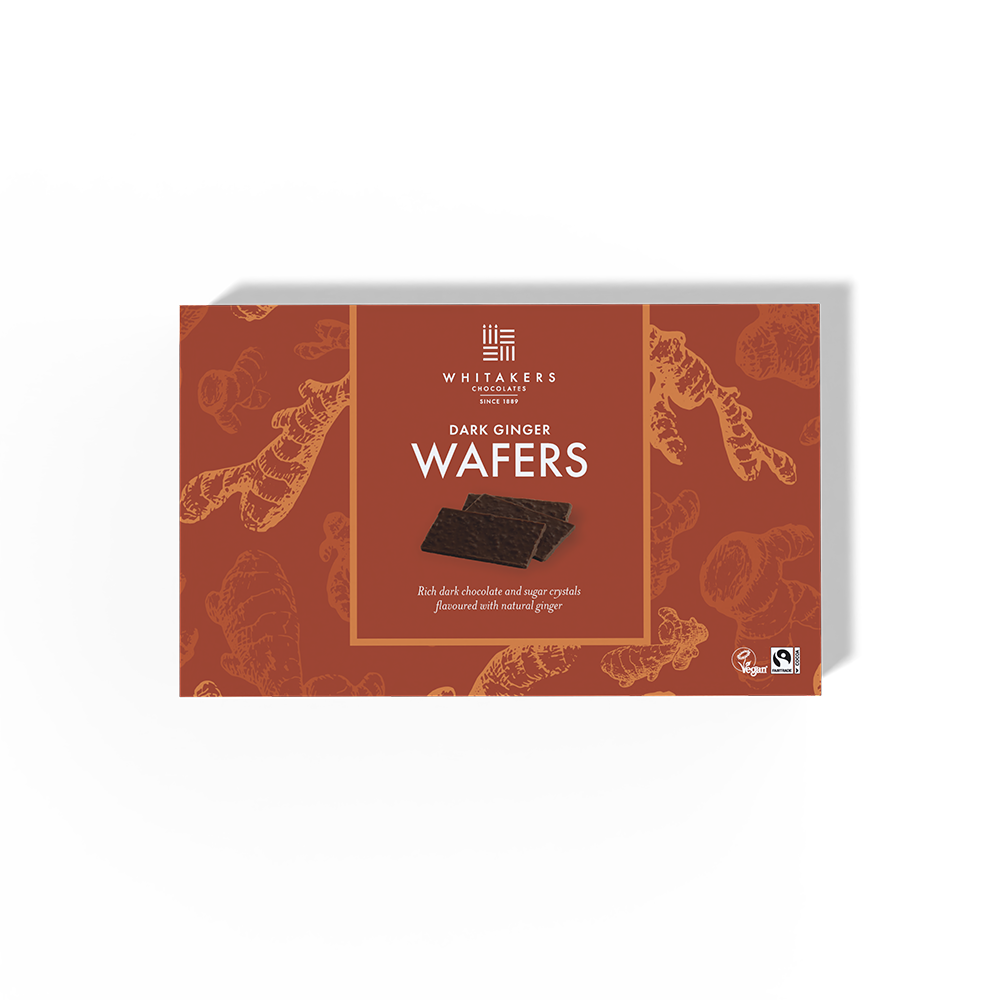 Whitakers Chocolates' Ginger Oil Sugar Crisp Wafers, an exquisite blend of our rich signature dark chocolate with the aromatic zest of ginger oil, complemented by the unique crunch of sugar crisp inclusions