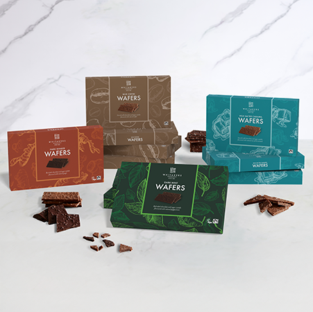 Dark chocolate ginger flavoured wafer thins, in a 150g gift box