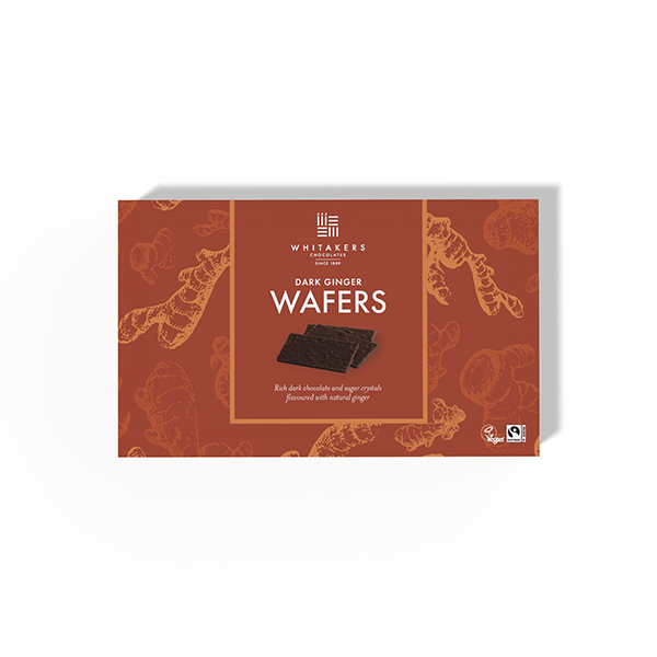 Dark chocolate ginger flavoured wafer thins, in a 150g gift box