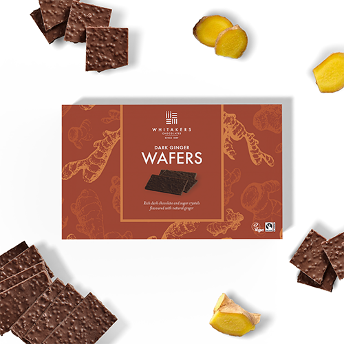 Dark chocolate ginger flavoured wafer thins, in a 150g gift box