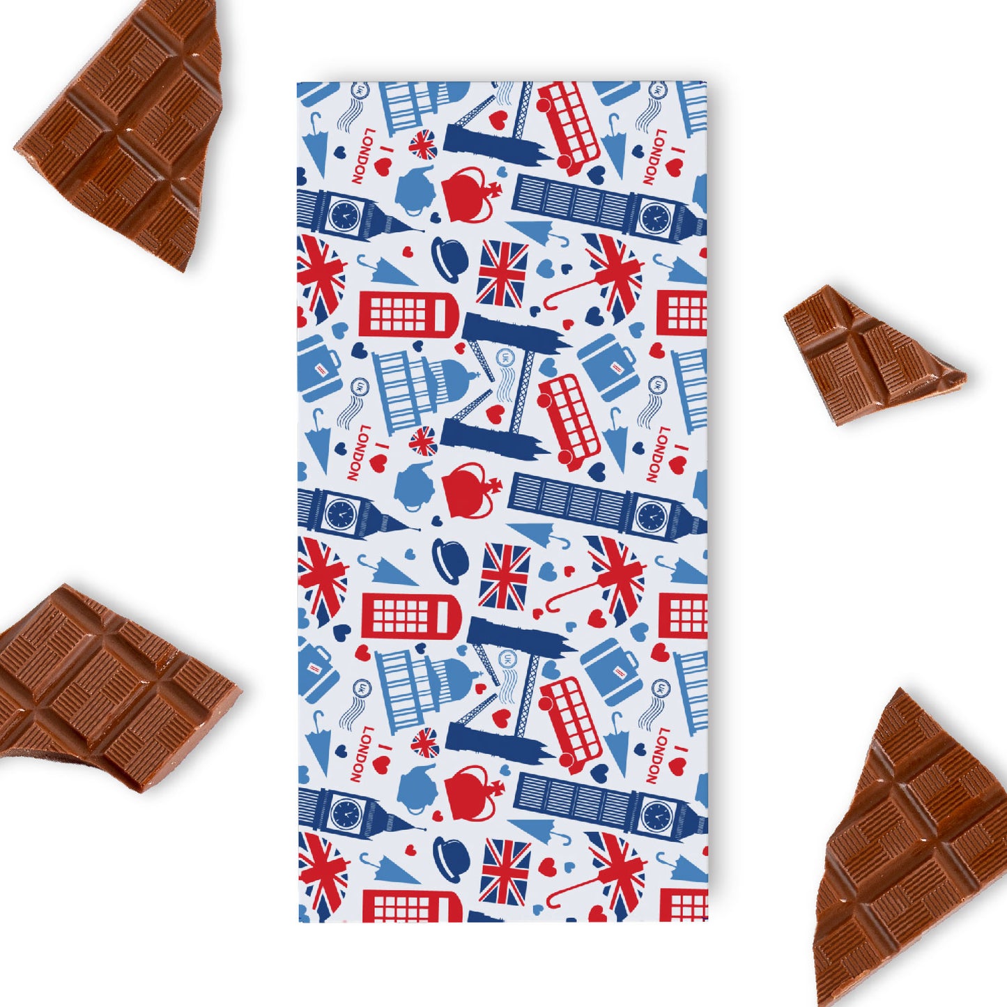 Celebrate the charm of the capital with our London Themed Milk Chocolate Bar.  This delightful 90g treat is wrapped in a vibrant design featuring Union Jack colours and iconic London graphics, including Big Ben, the Tower of London, crowns, bowler hats, and more