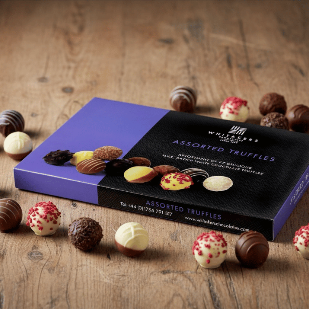 Whitaker's Luxury Assorted truffles box on a wooden surface with loose truffles around the box