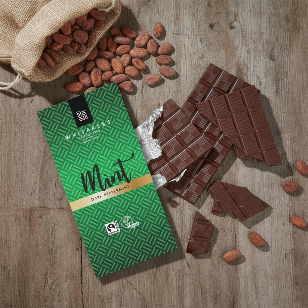 Whitaker's Dark Mint chocolate 90g bar on a rustic wooden surface with loose cocoa beans and chocolate pieces