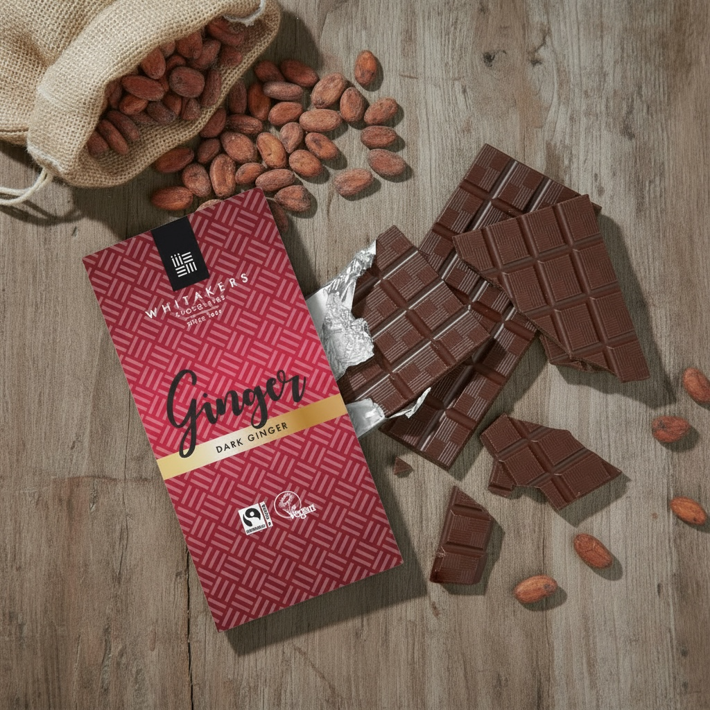 Whitaker's Dark chocolate 90g bar on a rustic wooden background with cocoa beans and broken chocolate