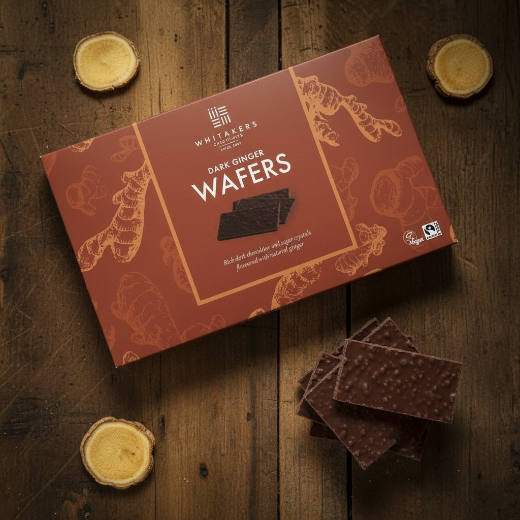 Box of Whitaker's Dark chocolate Ginger Wafers on a wooden surface with wafers around.