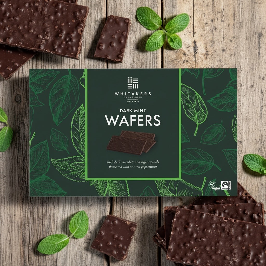 Whitaker's Dark chocolate Mint Wafers packaging on a wooden surface with wafers and mint leaves.