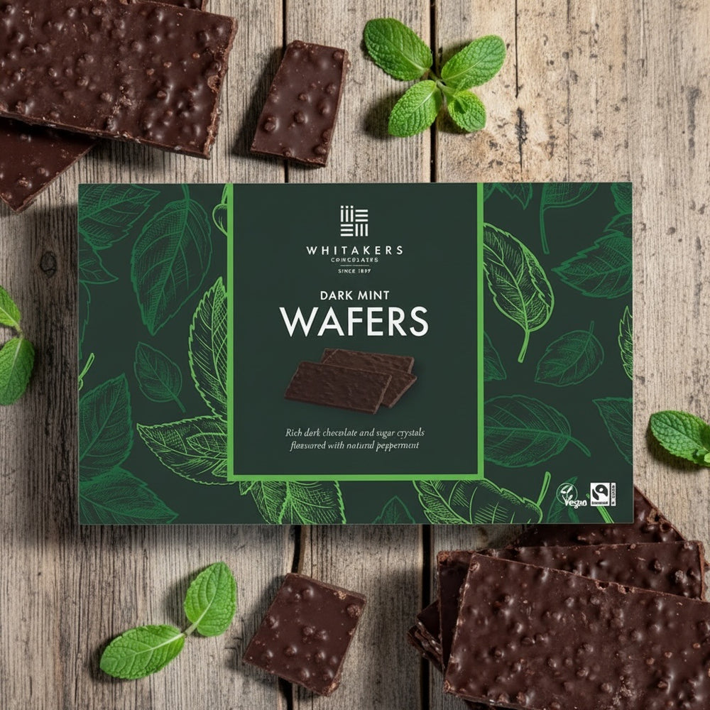 Whitaker's Dark chocolate Mint Wafers packaging on a wooden surface with wafers and mint leaves.