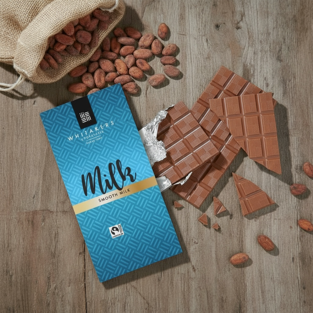 Whitaker's Milk Chocolate 90g bar on a rustic wooden background with cocoa beans and broken chocolate 