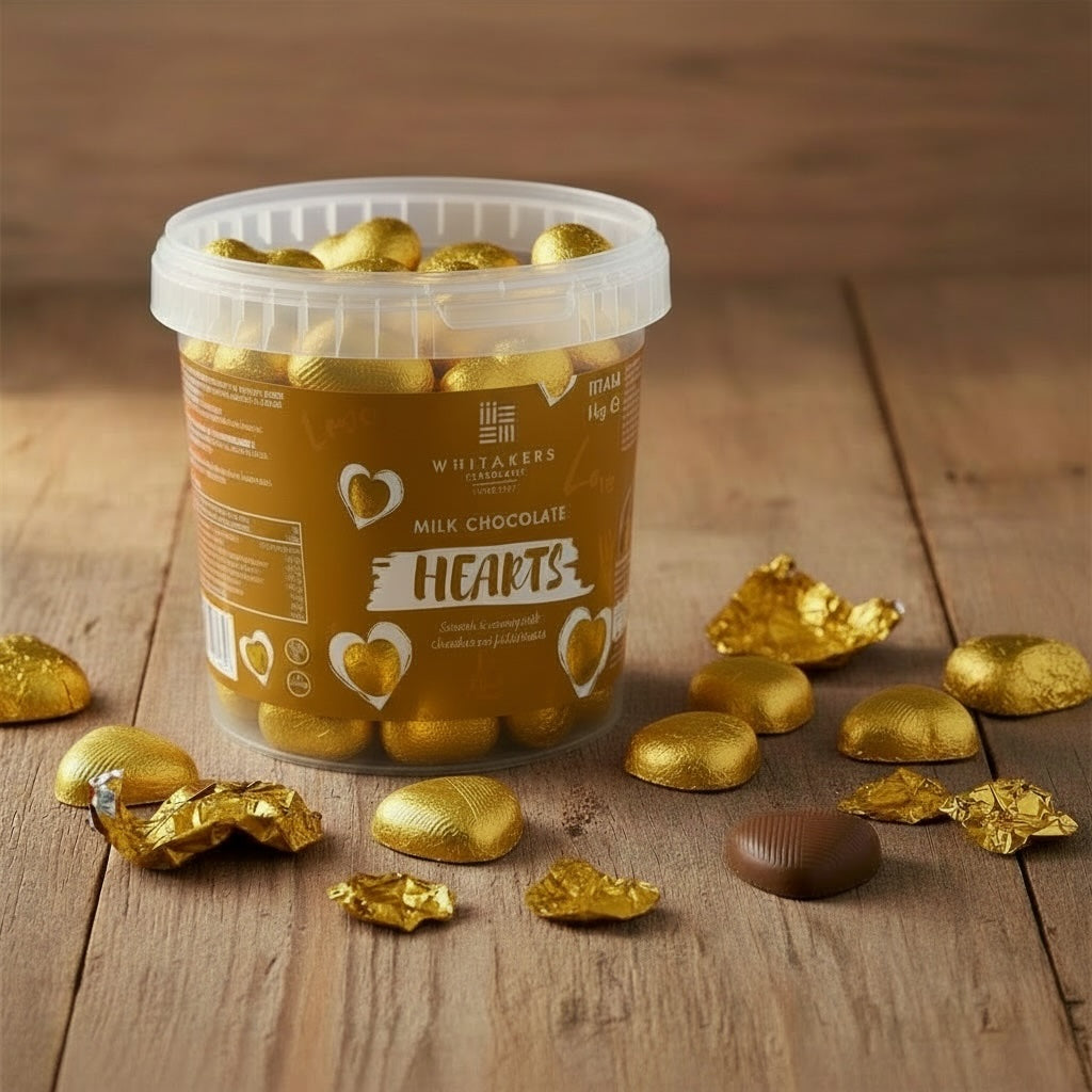 Container of Whitaker's Milk Chocolate Hearts in gold foil on a wooden surface