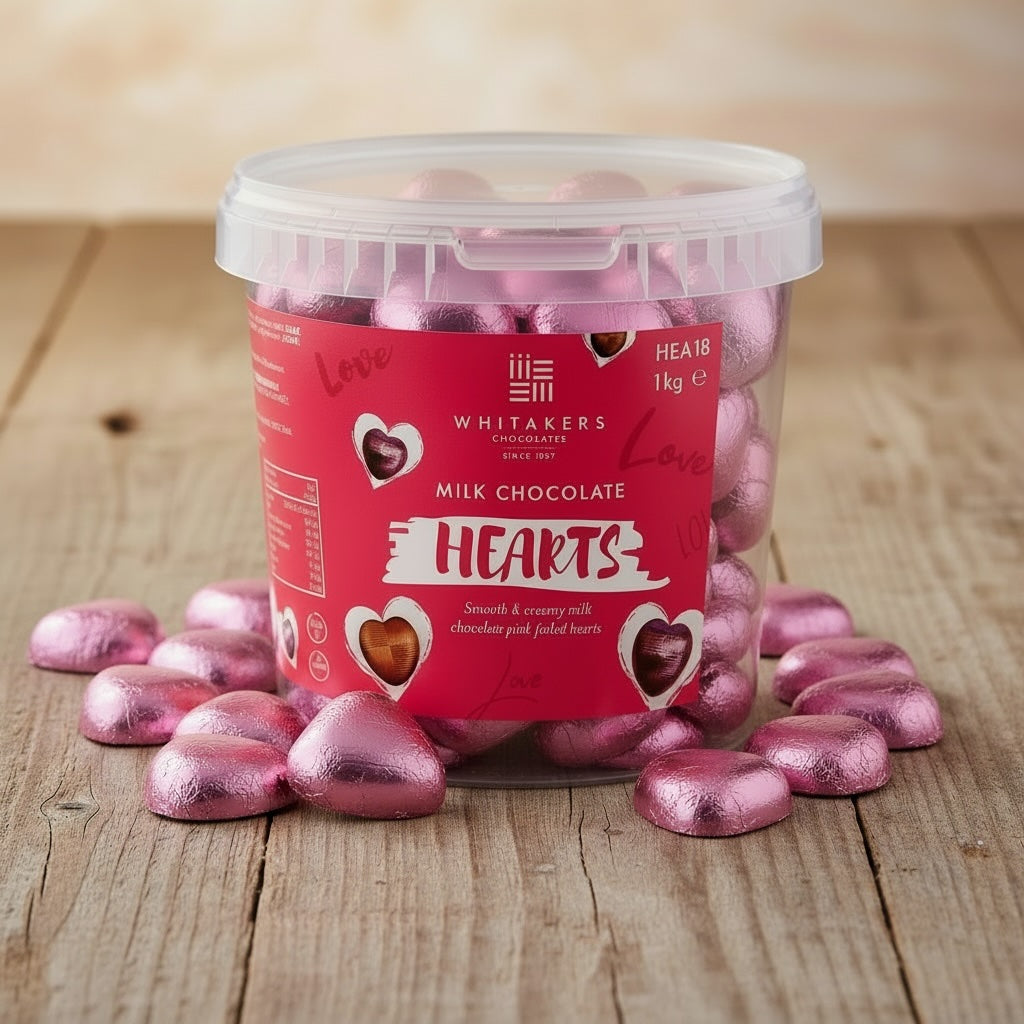 Whitaker's Milk Chocolate Pink foiled Hearts container on a wooden surface