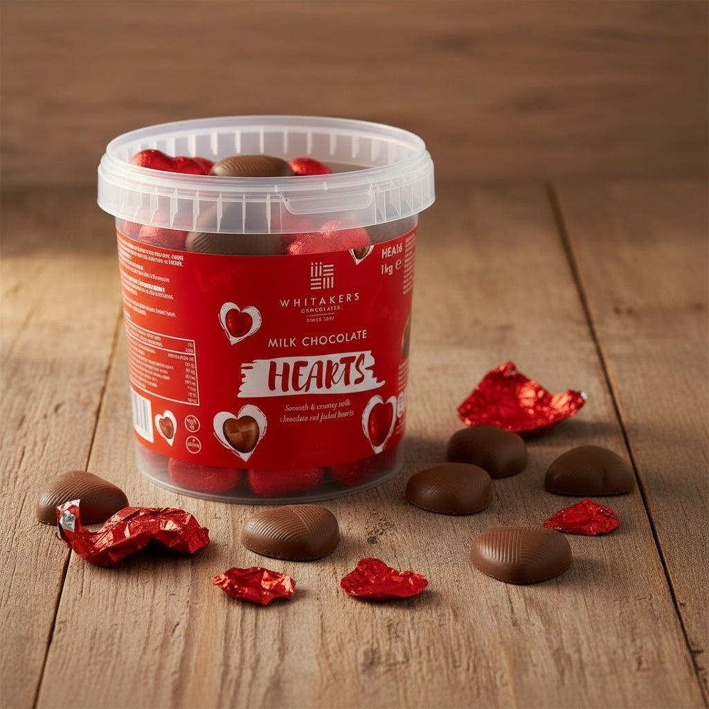 Whitaker's Milk Chocolate Hearts container on a wooden surface with chocolate hearts and red wrappers.