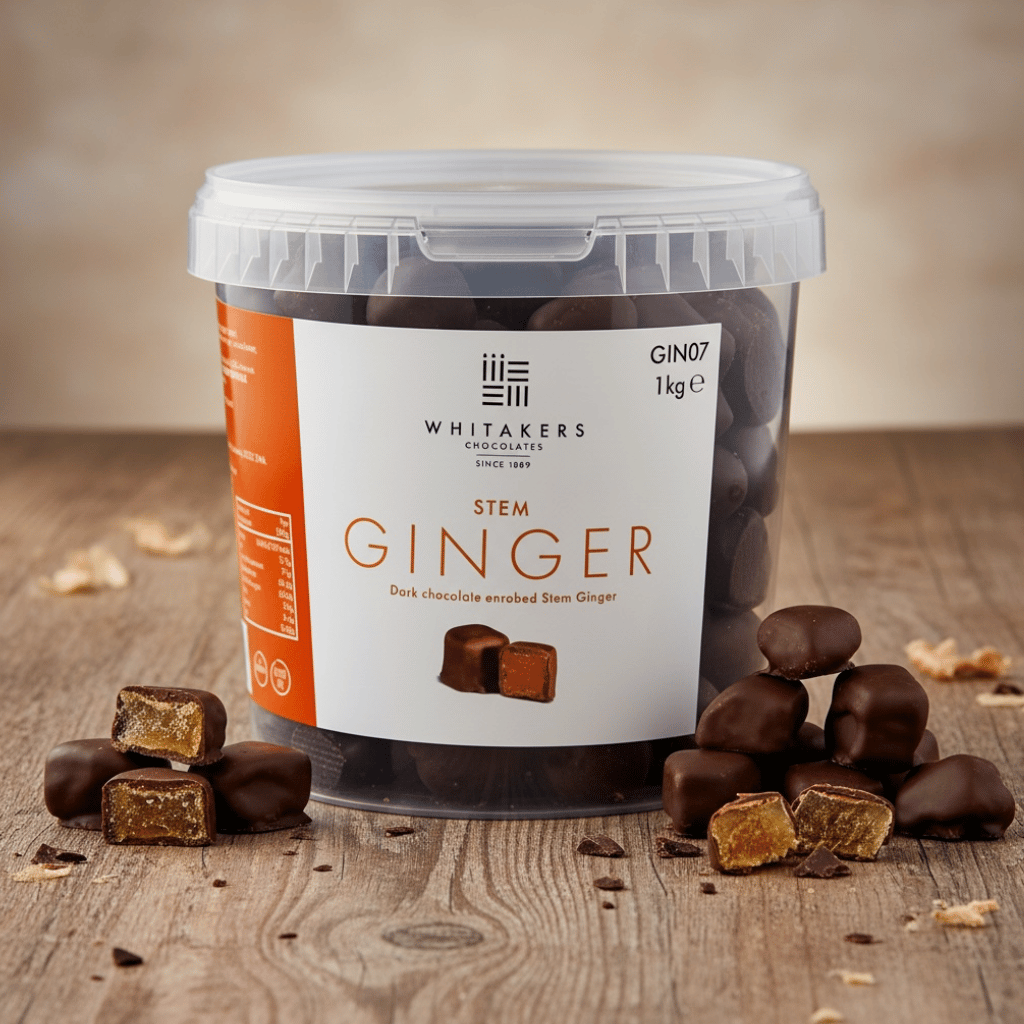 1kg tub of Whitakers dark chocolate covered ginger on a rustic wooden surface