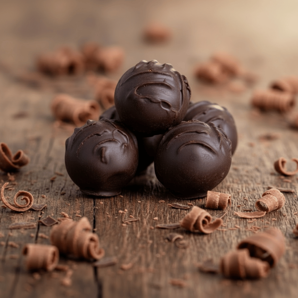 Whitakers dark chocolate truffles on a rustic wooden background with chocolate shavings