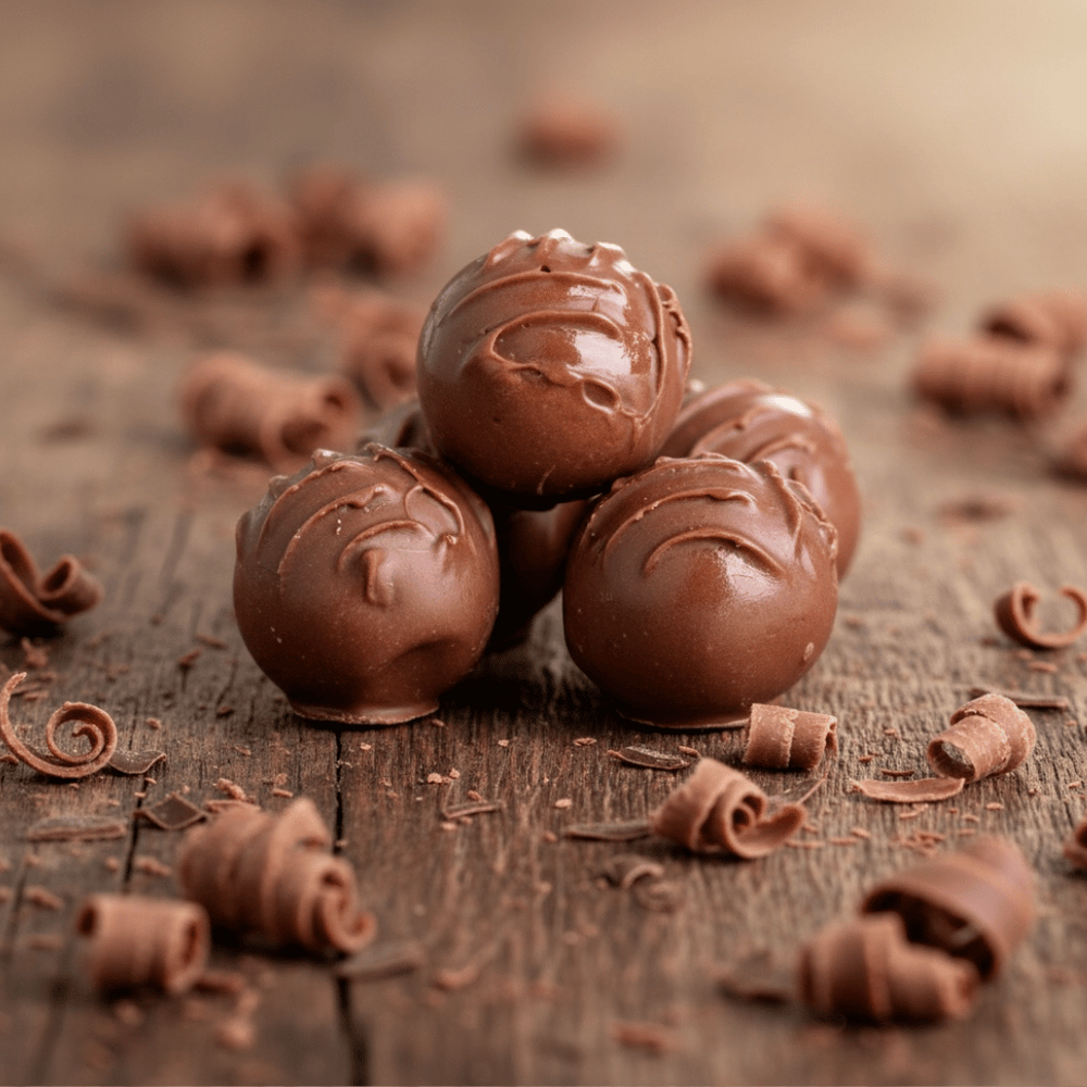 Whitakers milk chocolate truffles on a rustic wooden background with chocolate shavings