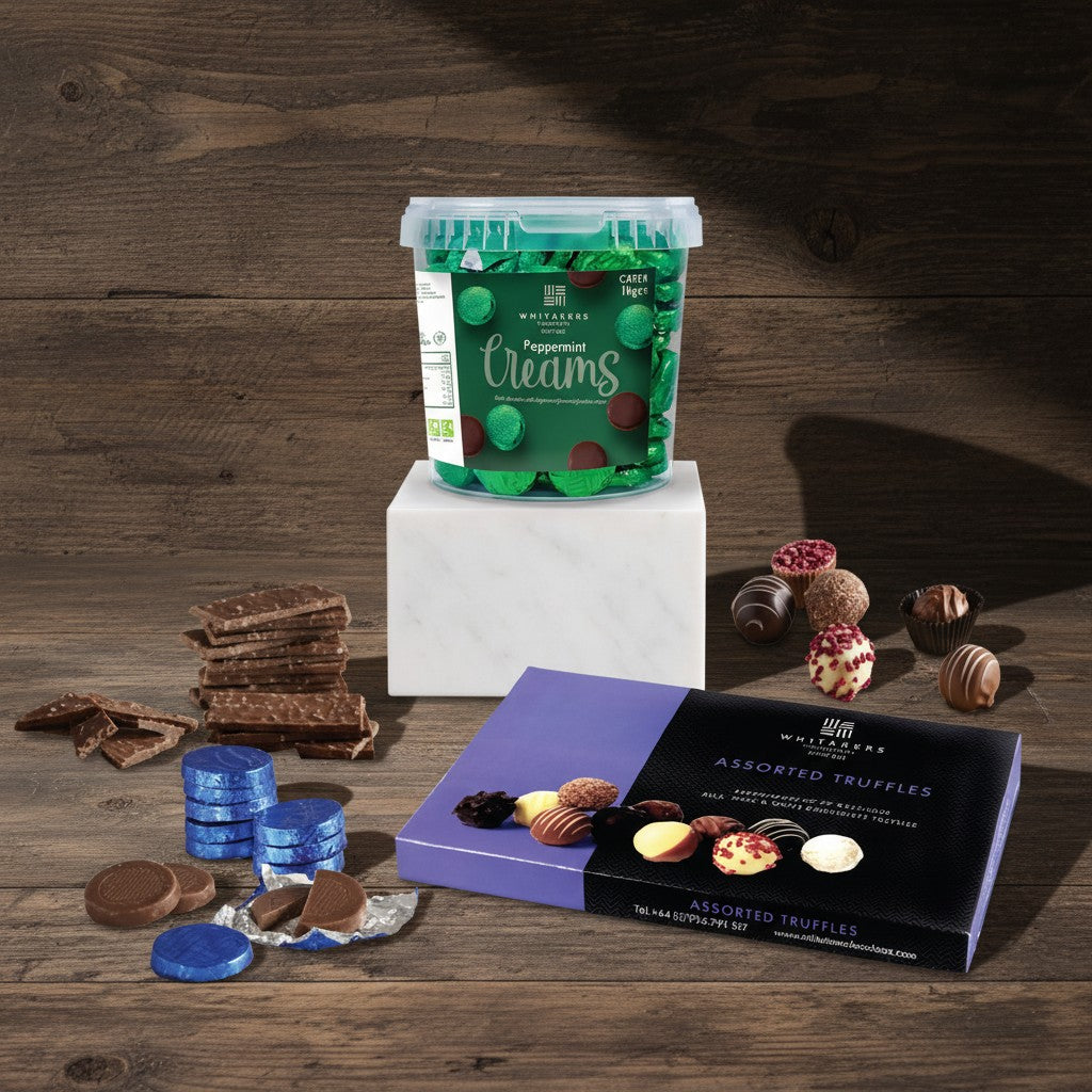 peppermint creams tub and luxury box of assorted truffles on a rustic wooden background
