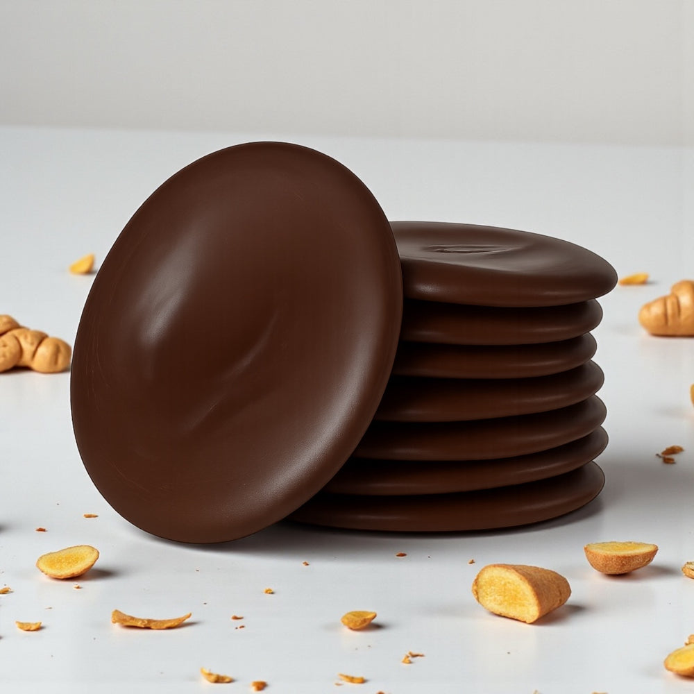 Stack of dark chocolate ginger thins with root ginger pieces scattered around on a white background