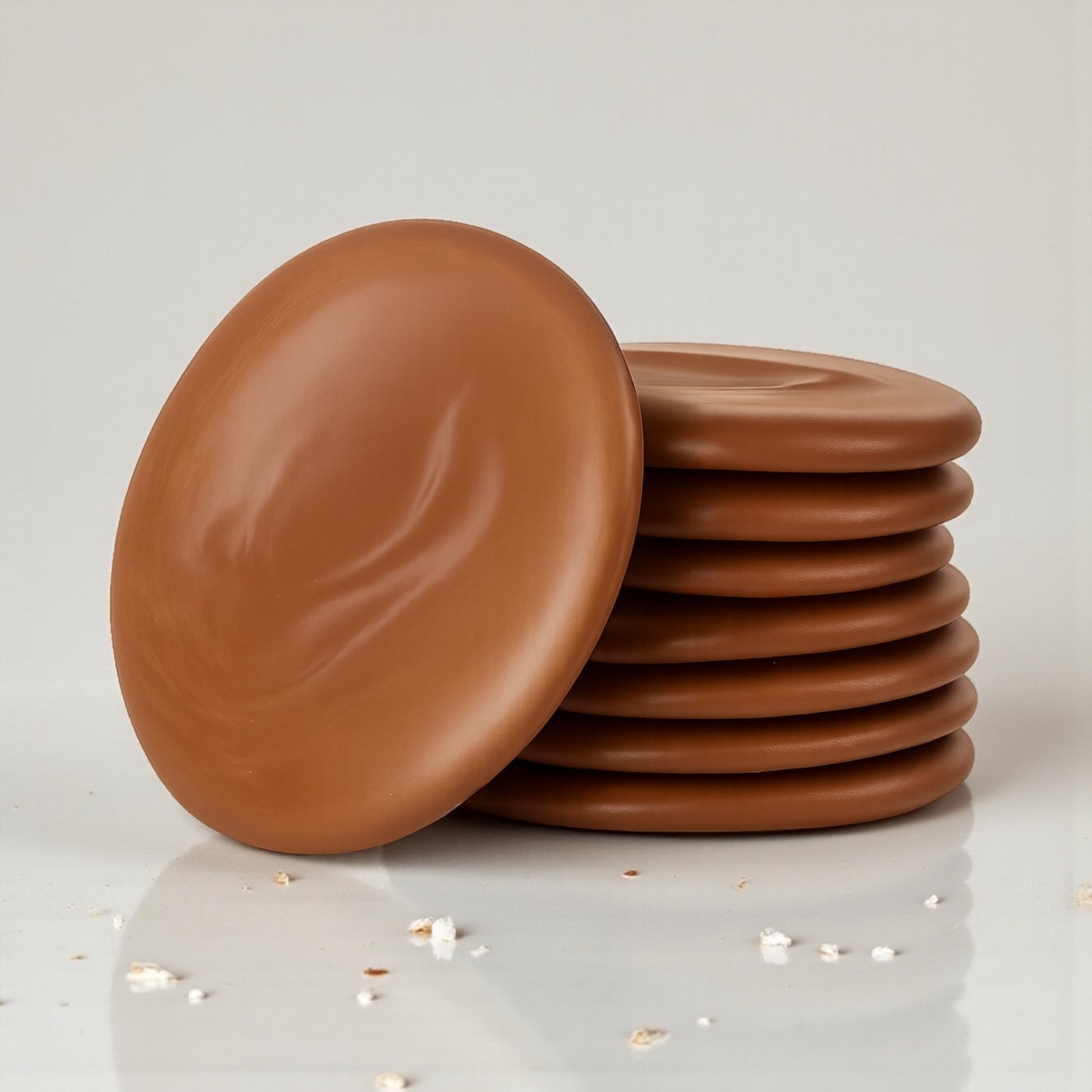 Stack of milk chocolate sea salt thins with sea salt scattered around on a white background
