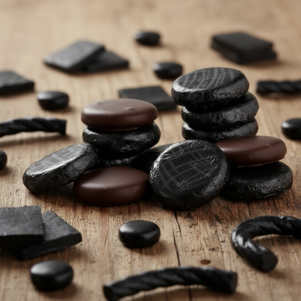 Whitakers Dark chocolate black foiled liquorice creams and liquorice pieces on a wooden surface