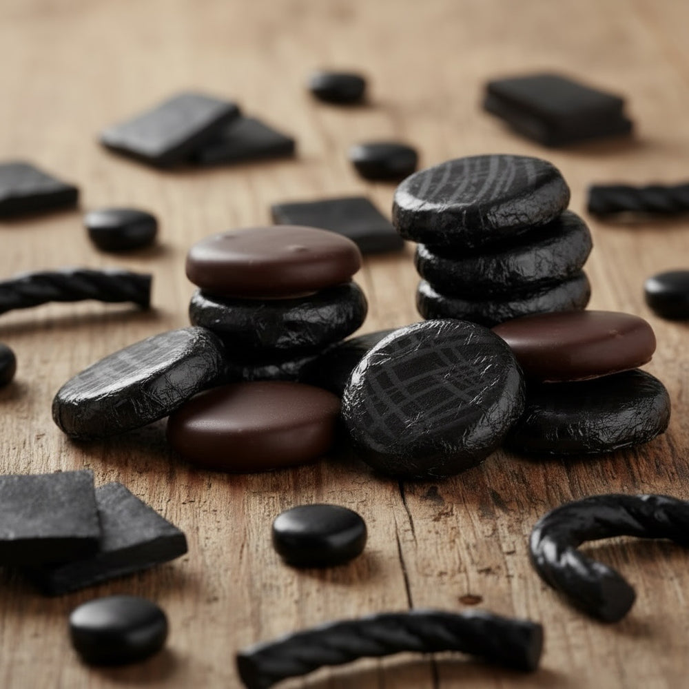Whitakers Dark chocolate black foiled liquorice creams and liquorice pieces on a wooden surface
