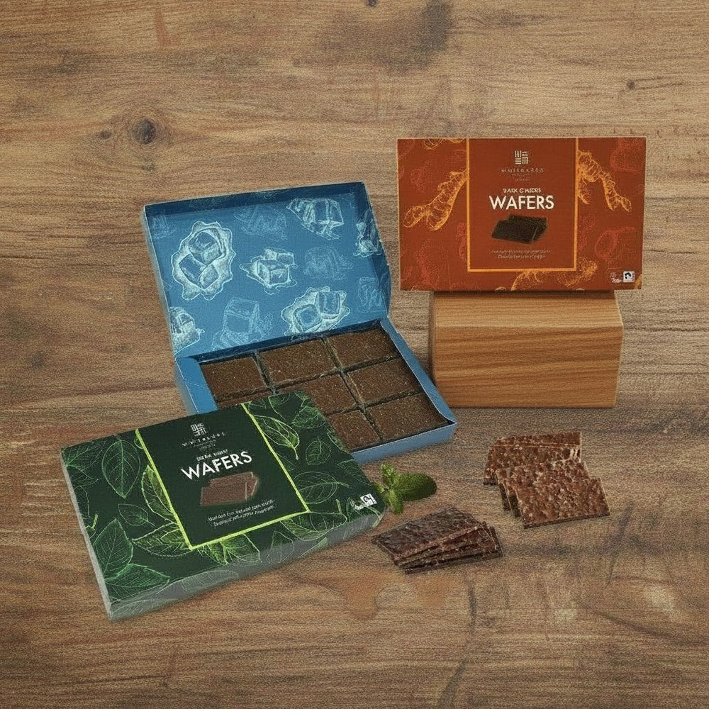 Chocolate wafers in open packaging on a wooden surface