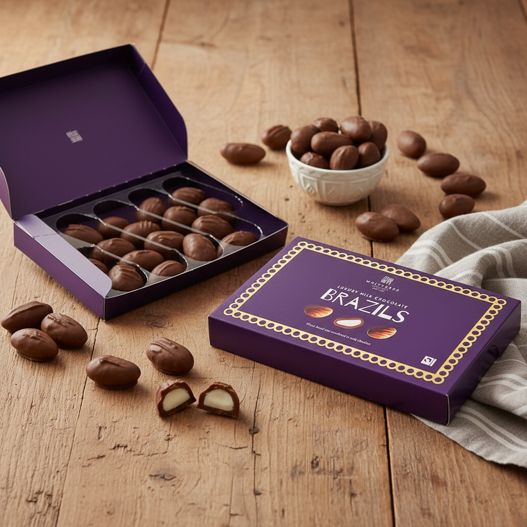 Box of Whitaker's milk chocolate Brazil nuts, open and closed on a rustic wooden surface with a white bowl full of naked chocolates