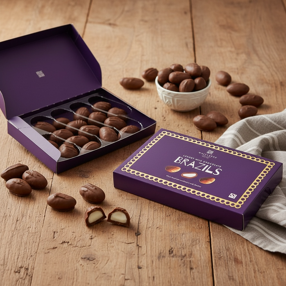 Box of Whitaker's milk chocolate Brazil nuts, open and closed on a rustic wooden surface with a white bowl full of naked chocolates